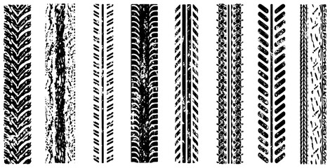 PNG grunge track tile overlay on transparent background. Distressed tire texture for design libraries.