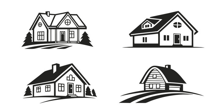 Four distinct house designs showcasing architectural diversity and style Vector