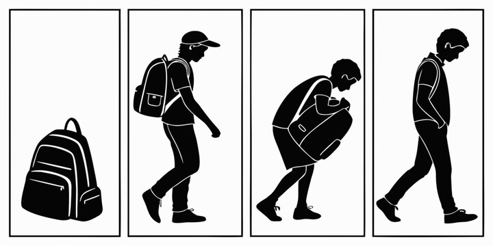 Illustration of a person picking up a backpack and putting it on Vector