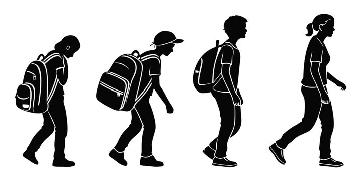 Illustration of a person walking with a backpack in four different stages of motion Vector