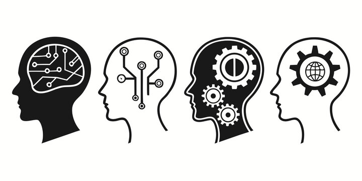 Illustration of four human profiles showcasing brain development and technology integration Vector