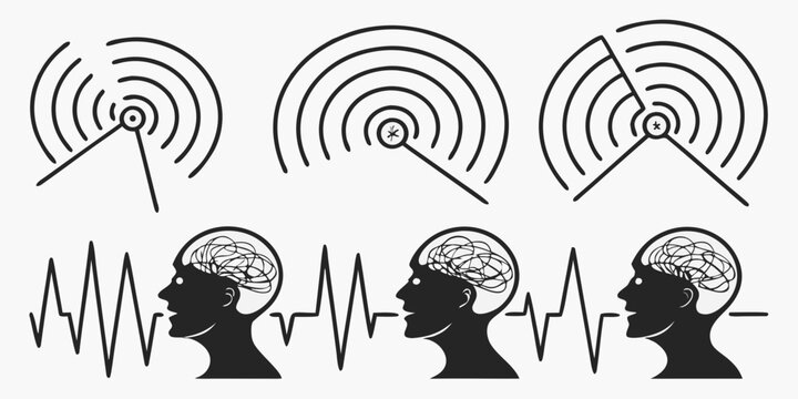 Illustration of people with heads emitting radio waves and brain activity Vector