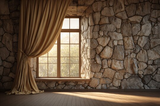 Interior space features a large window with tied drapery beside a rough fieldstone wall