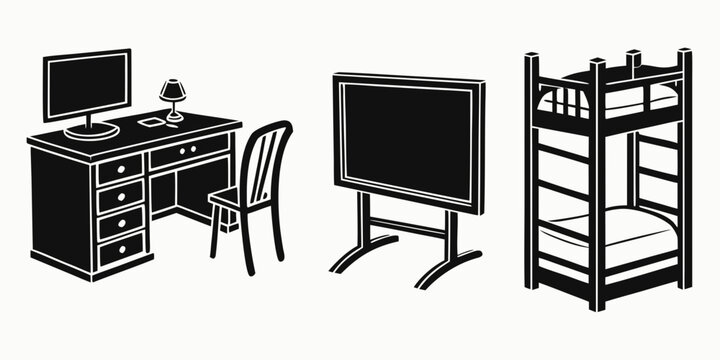 A classroom setting with a teacher's desk, a student's desk, and a bookshelf. Vector