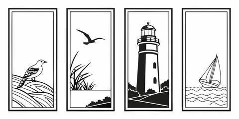 Fototapeta premium Four distinct black and white illustrations depicting nature and a lighthouse Vector
