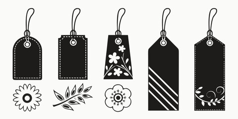 Assorted black tags with various designs and symbols Vector