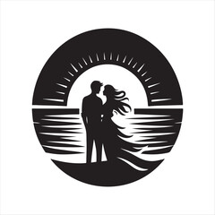 sunset couple vector silhouette line art logo concept illustration