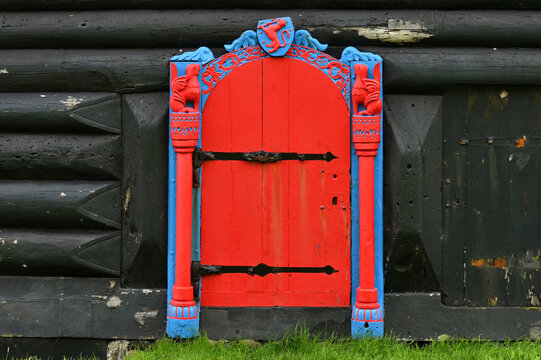 Traditional Feroe antique carved door Kirkjubour.