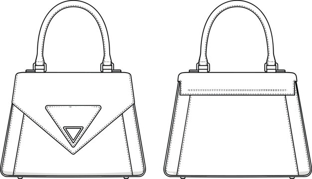 Technical flat sketch of luxury leather handbag with top handle and triangular envelope flap, cad drawing flat vector illustration template