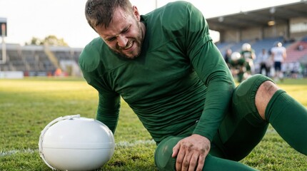 Injured american football athlete stadium field action shot sports environment close-up view emotional moment