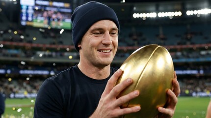 American football victory celebration stadium action shot festive atmosphere close-up proud athlete holding trophy