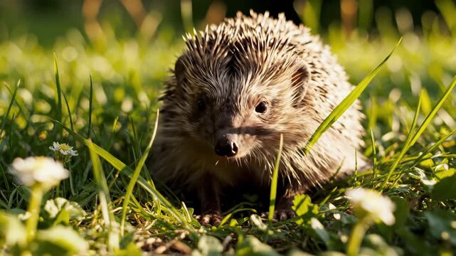 Curious hedgehog exploring a sunlit garden with vibrant green grass and white flowers