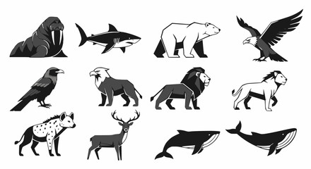 Fototapeta premium Black and White Predator Animal Silhouette Icon Set – Walrus, Shark, Polar Bear, Eagle, Lion, Hyena, Deer, Whale Vector Collection