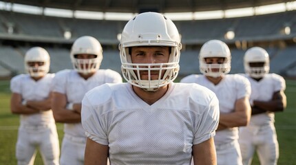 American football team lineup stadium action scene sports environment close-up viewpoint team spirit
