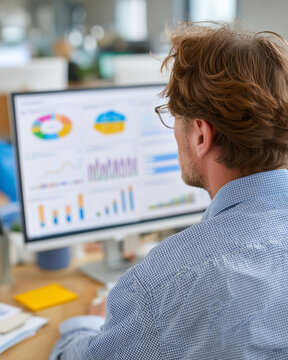 A man is sitting in front of a computer monitor, looking at a graph