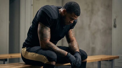 Intense american football player reflects in locker room dramatic portrait urban setting emotional depth