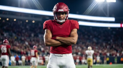 American football player in action stadium sport photography night game close-up athletic determination