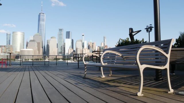 New York City Manhattan downtown financial district skyline, New Jersey Exchange Place, United States. Urban cityscape with skyscraper buildings, World Trade Center. J Owen Grundy park, Paulus Hook.