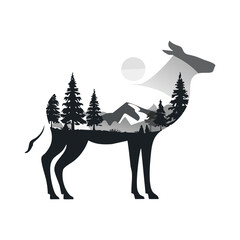 Elegant Deer Silhouette Embracing a Majestic Mountain Landscape with Pine Trees Under a Setting Sun