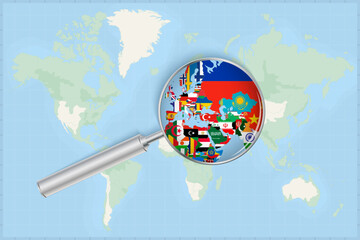 Zooming on Eurasia Map with Flags. Countries from Europe and Asia represented by their national flags.