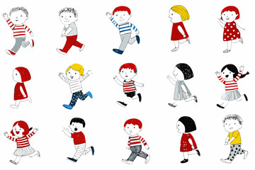 Fototapeta premium Cartoon illustration of diverse children in various poses and outfits running and waving