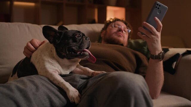 Young adult man scrolling phone lying on cozy couch then petting cute French bulldog during weekend evening at home