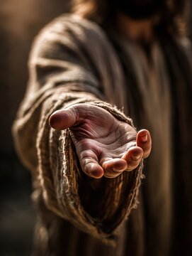 Jesus reaching hand forward, spiritual scene of mercy, calling and salvation, symbol of faith, forgiveness and hope, Christian concept of love and divine grace