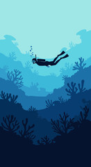 Naklejka premium Serene Underwater Exploration Silhouette Of A Solo Diver Amidst Vibrant Coral Reefs