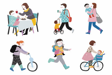 Family activities depicted in a colorful illustration dining walking cycling and parenting