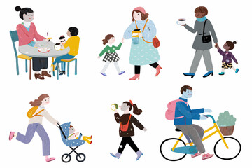 Colorful illustration depicting various women and children engaged in everyday outdoor activities and interactions
