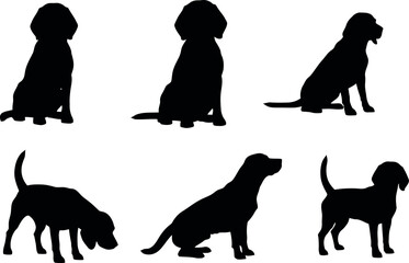 Collection of six different dog silhouettes in various poses