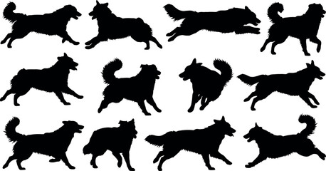 Collection of black dog silhouettes in various poses