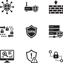 Network Security Icon Collection Featuring Secure Router VPN Shield and Encrypted Data Transfer