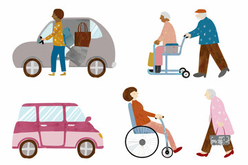 Illustration depicting assisted transportation for seniors and disabled individuals using various vehicles