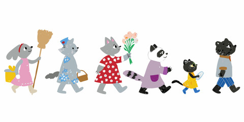 A whimsical line of anthropomorphic animals walking together carrying various items and flowers