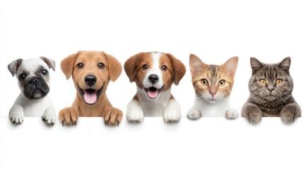 Cute and Happy Dogs and Cats Peeking Over a White Background in an Adorable Group Portrait