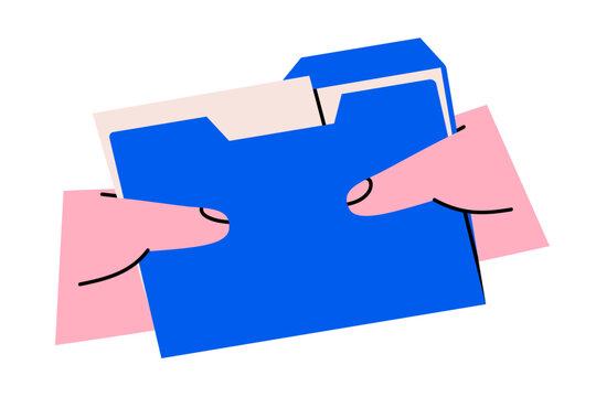 Hand drawn cute illustration document folder with two hands. Flat vector paper file giving doodle. Data sharing icon. Partnership or cooperation concept. Business deal. Isolated.