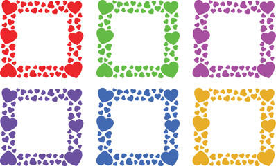 A colorful collection of heart-shaped frames in various colors on a white background