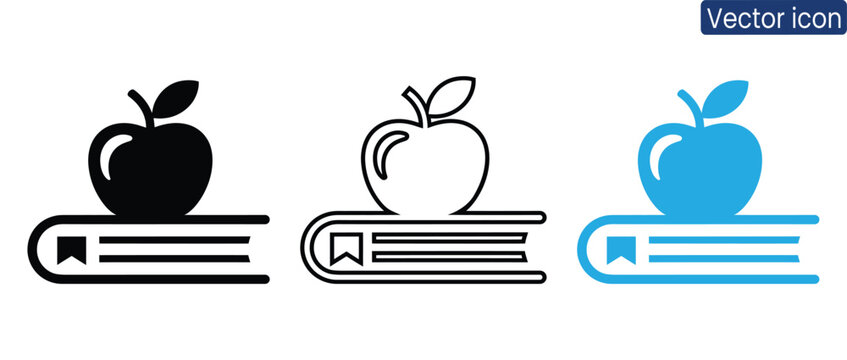 Set of modern vector icons featuring apples on top of books in black, white, and blue colors, perfect for educational or literacy themes