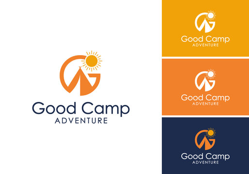 vector logo design of tent icon with sun and initial G