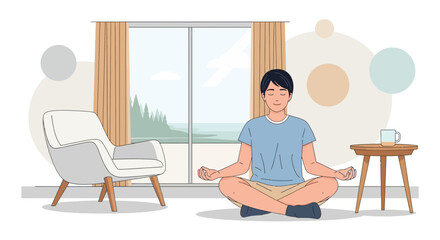 Fototapeta premium Serene Young Man Meditating Calmly At Home By A Large Window
