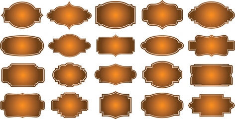 A collection of golden label designs on a white background for branding and packaging purposes