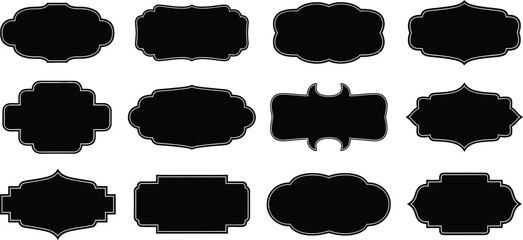A collection of black label silhouettes on a white background for design and branding purposes
