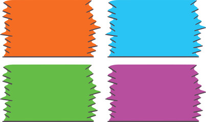 A colorful illustration of four torn paper rectangles in orange, blue, green, and pink on a white background