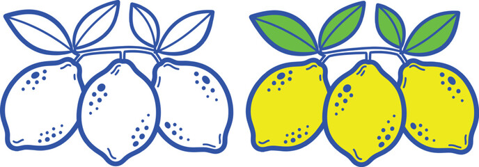An illustration of lemons on a branch with green leaves and their colored versions.