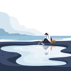 Naklejka premium Solitary Figure Contemplating Still Water Reflecting Sky and Landscape
