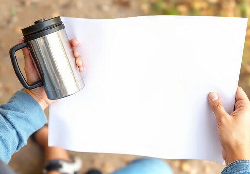 Hands holding blank white map and travel mug mockup, ai generated. Empty exploring or trip plan locating in traveler hand, blurred background. Clear direction unfolded paper for tourist template.