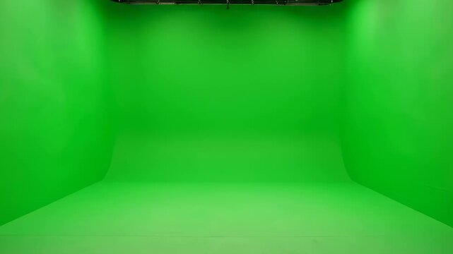 Empty professional green screen studio with ceiling lights, professional chroma key cyclorama for video production.
