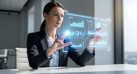 Professional Woman Using Transparent Virtual Screen with AI Data Insights