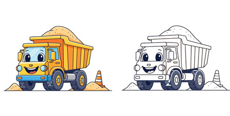 Cute cartoon dump truck with sand load vector illustration. Colorful and black and white outline version for coloring book page. Funny construction vehicle character for kids education. © SHOHAG